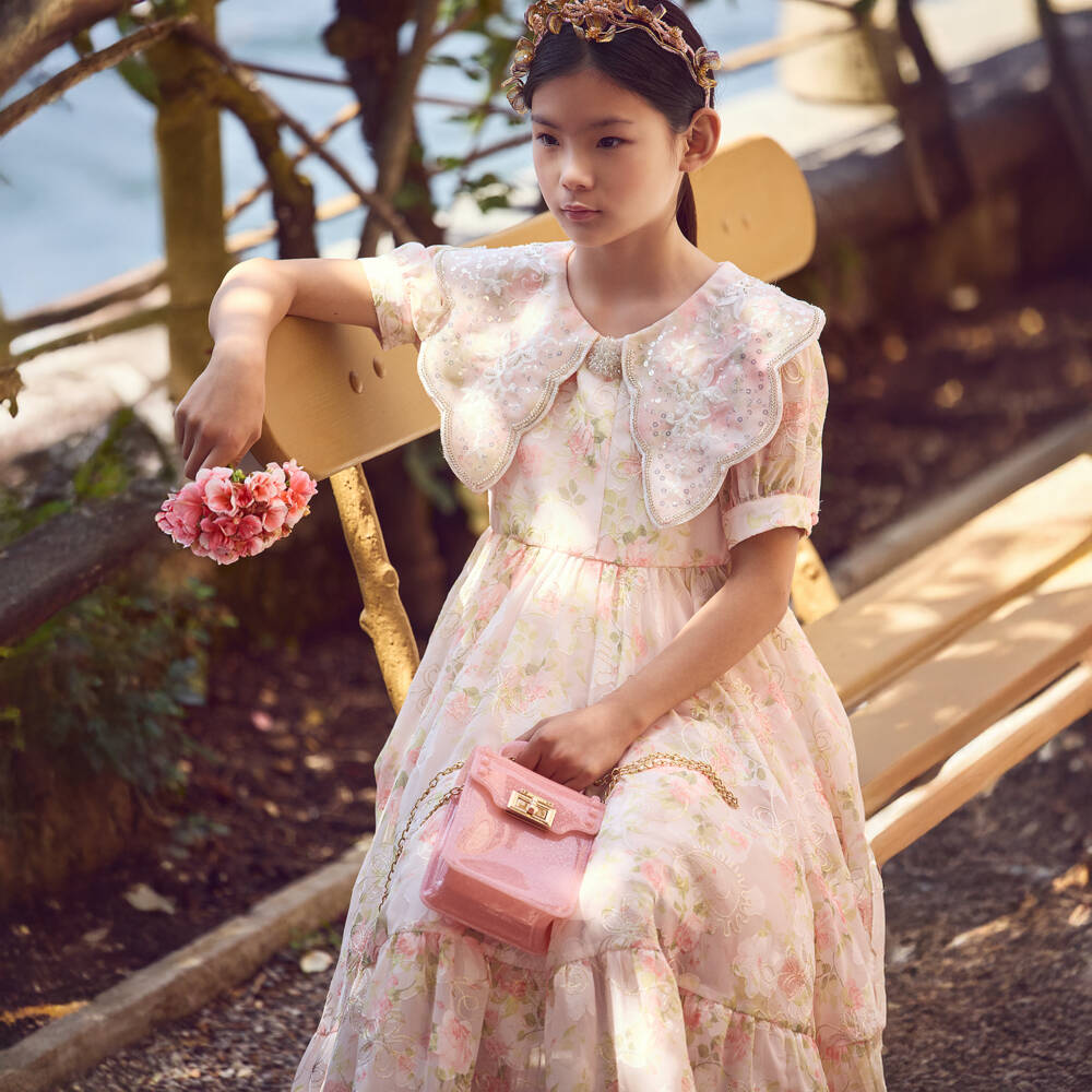 Junona-Girls Peach Embroidered Floral Chiffon Dress | Childrensalon Outlet
