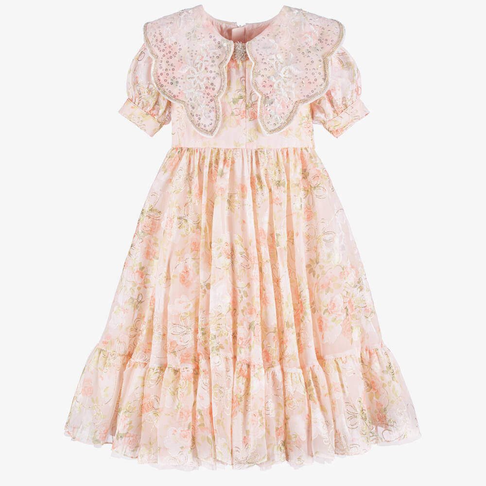 Junona-Girls Peach Embroidered Floral Chiffon Dress | Childrensalon Outlet
