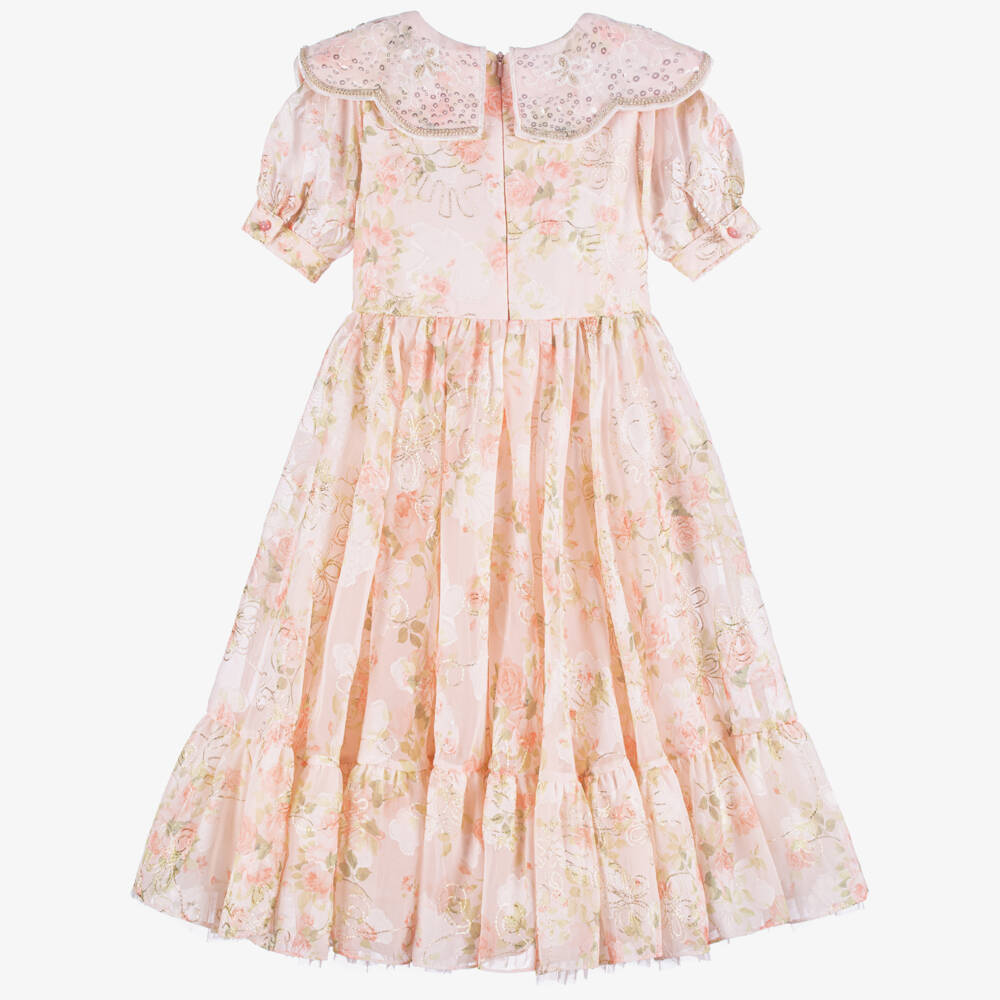 Junona-Girls Peach Embroidered Floral Chiffon Dress | Childrensalon Outlet