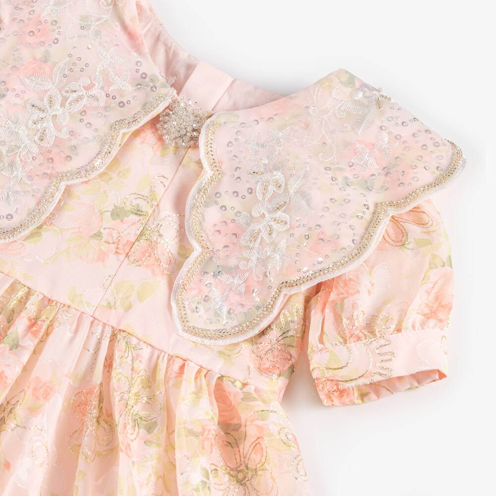 Junona-Girls Peach Embroidered Floral Chiffon Dress | Childrensalon Outlet