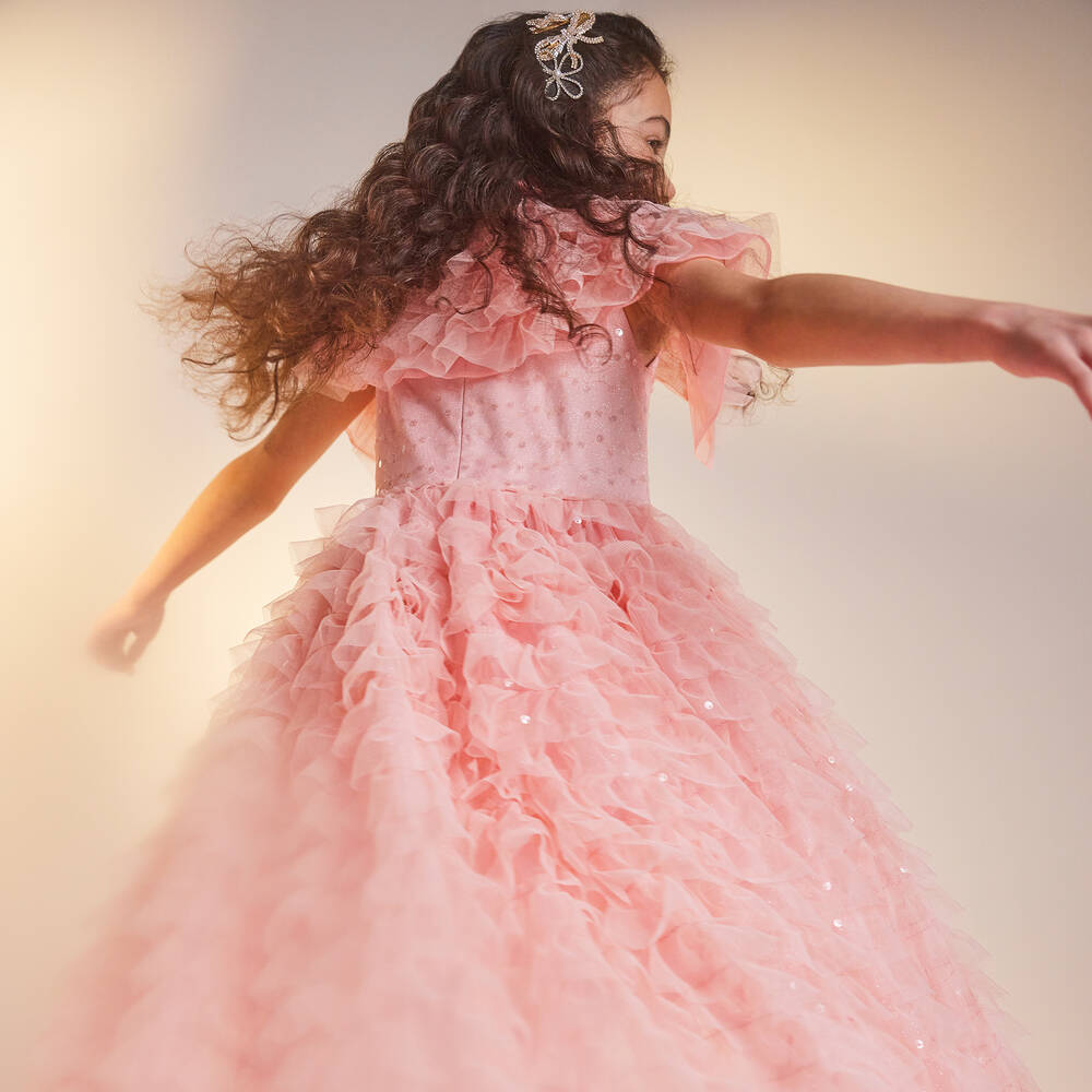 Junona - Girls Pink Asymmetric Ruffle Dress | Childrensalon