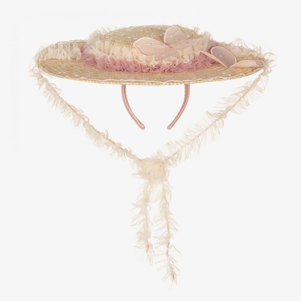 Junona - Бежево-розовая соломенная шапка для девочек | Childrensalon