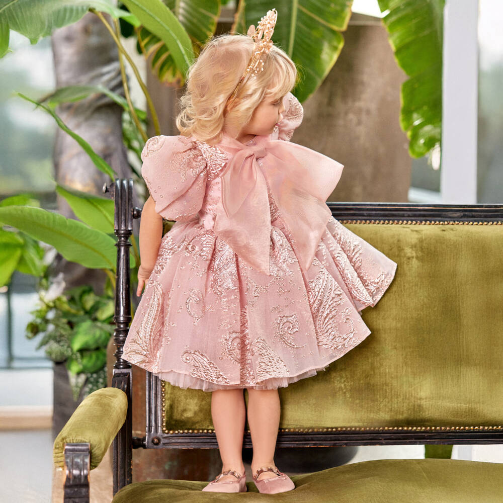 Junona-Girls Pink Brocade Floral Frock | Childrensalon Outlet