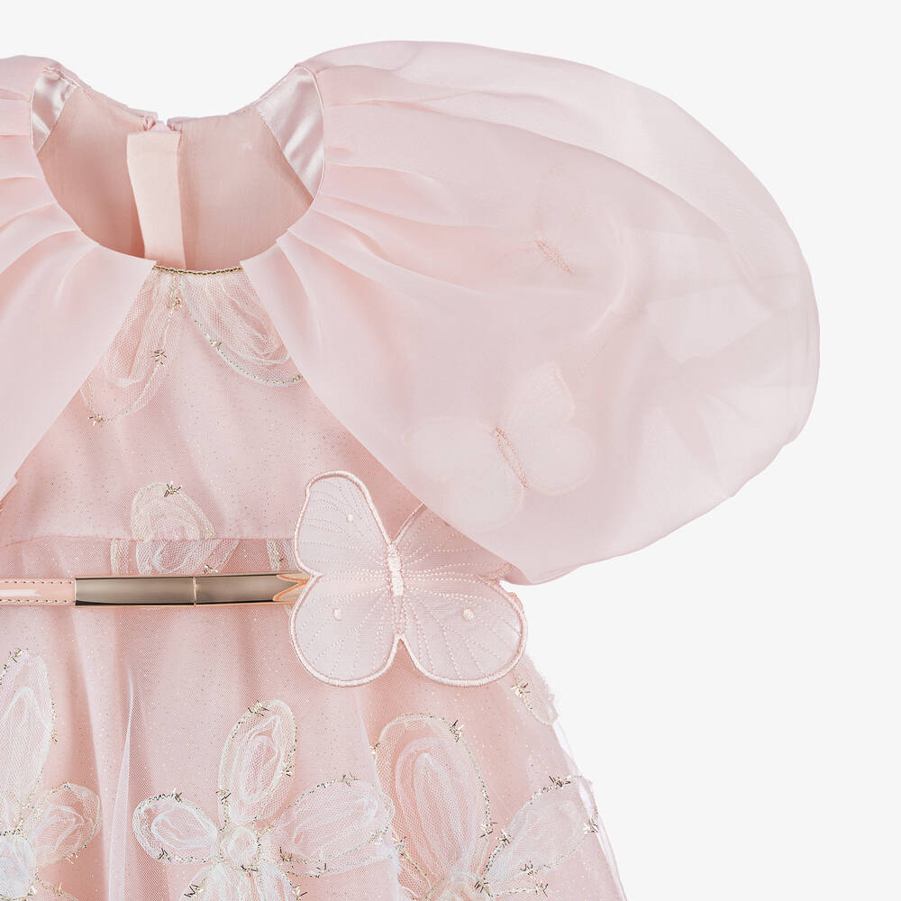 Junona-Girls Pink Butterfly & Floral Tulle Dress | Childrensalon Outlet