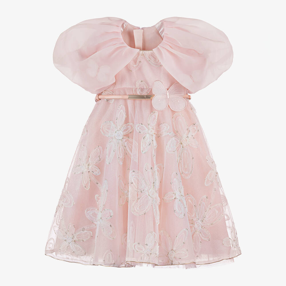 Junona-Girls Pink Butterfly & Floral Tulle Dress | Childrensalon Outlet