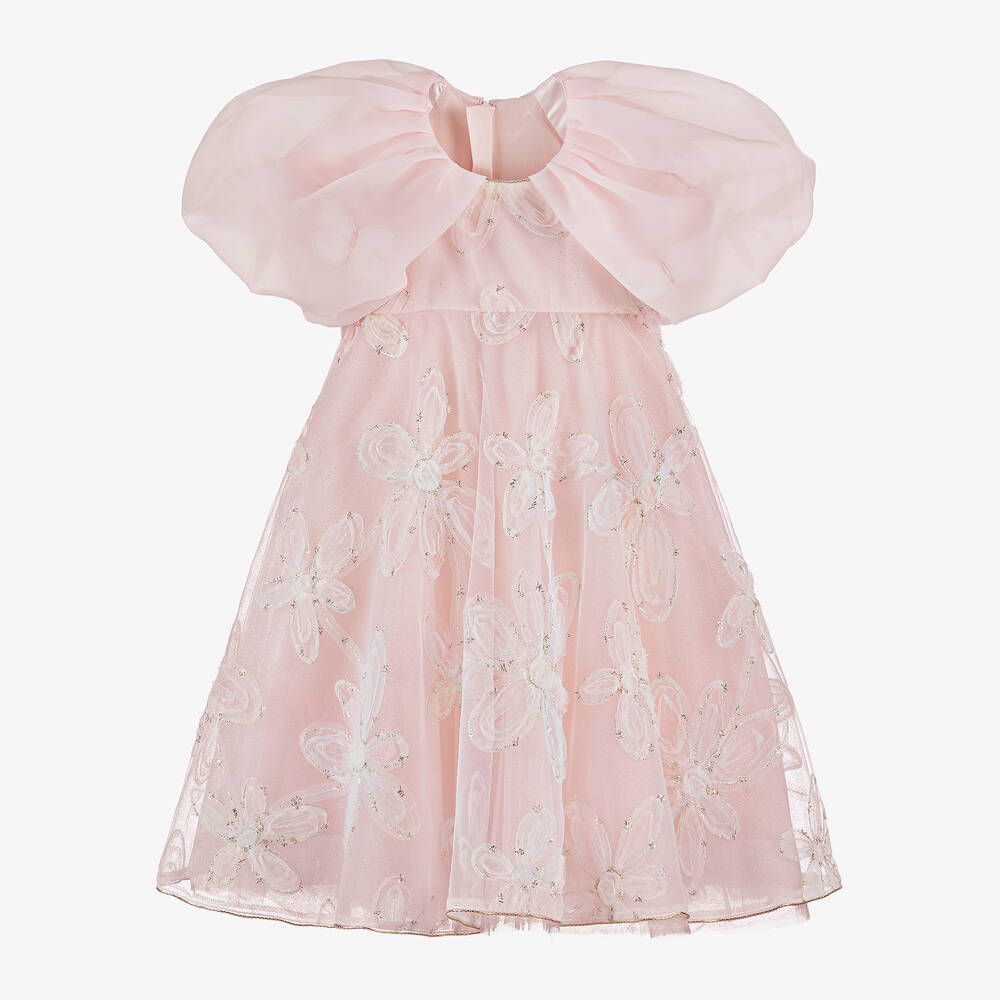 Junona-Girls Pink Butterfly & Floral Tulle Dress | Childrensalon Outlet