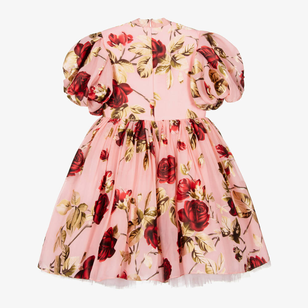 Junona-Girls Pink Chiffon Dress with Red Roses | Childrensalon Outlet