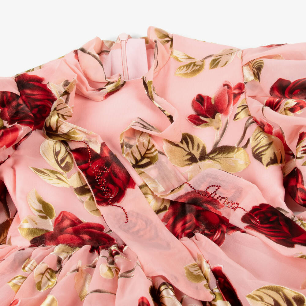 Junona-Girls Pink Chiffon Dress with Red Roses | Childrensalon Outlet