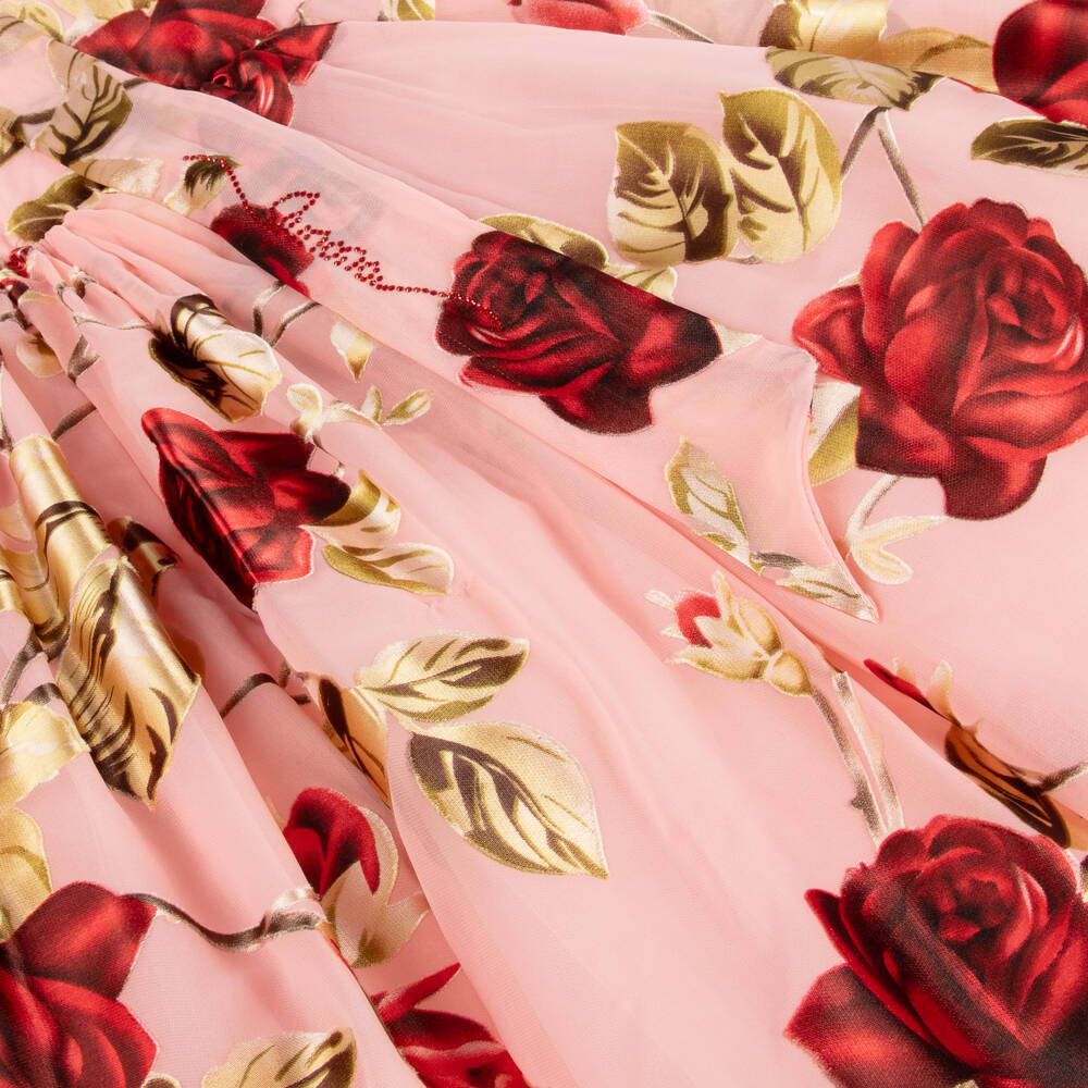 Junona-Girls Pink Chiffon Dress with Red Roses | Childrensalon Outlet
