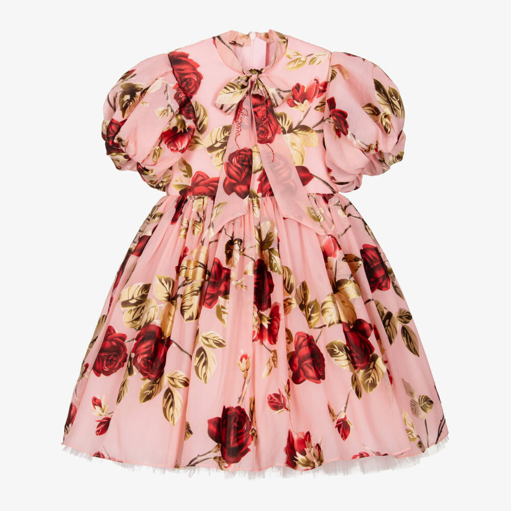 Junona-Girls Pink Chiffon Dress with Red Roses | Childrensalon Outlet