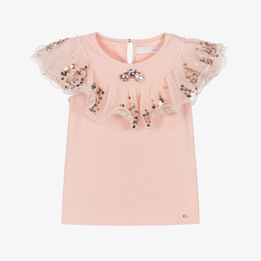Junona-Girls Pink Cotton T-Shirt with Sequins & Ruffles | Childrensalon Outlet