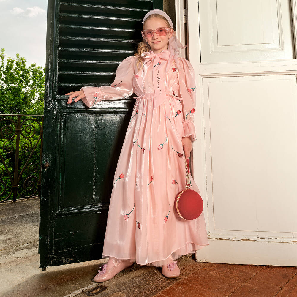 EU発!! JUNONA ★ Pink フローラルオーガンザドレス ★ 4-11Y Junona - Girls Pink Embroidered Chiffon Organza Dress