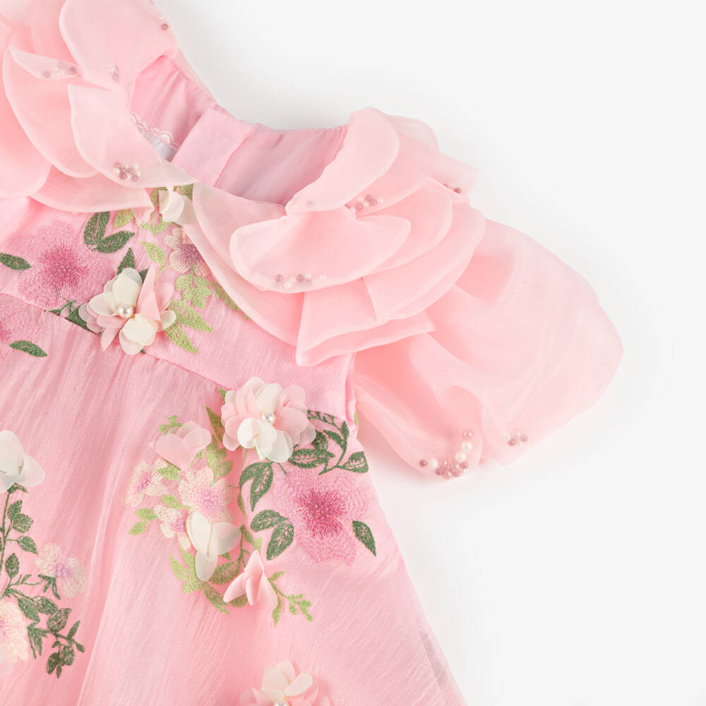 Junona-Girls Pink Embroidered Floral Crêpe & Organza Dress | Childrensalon Outlet