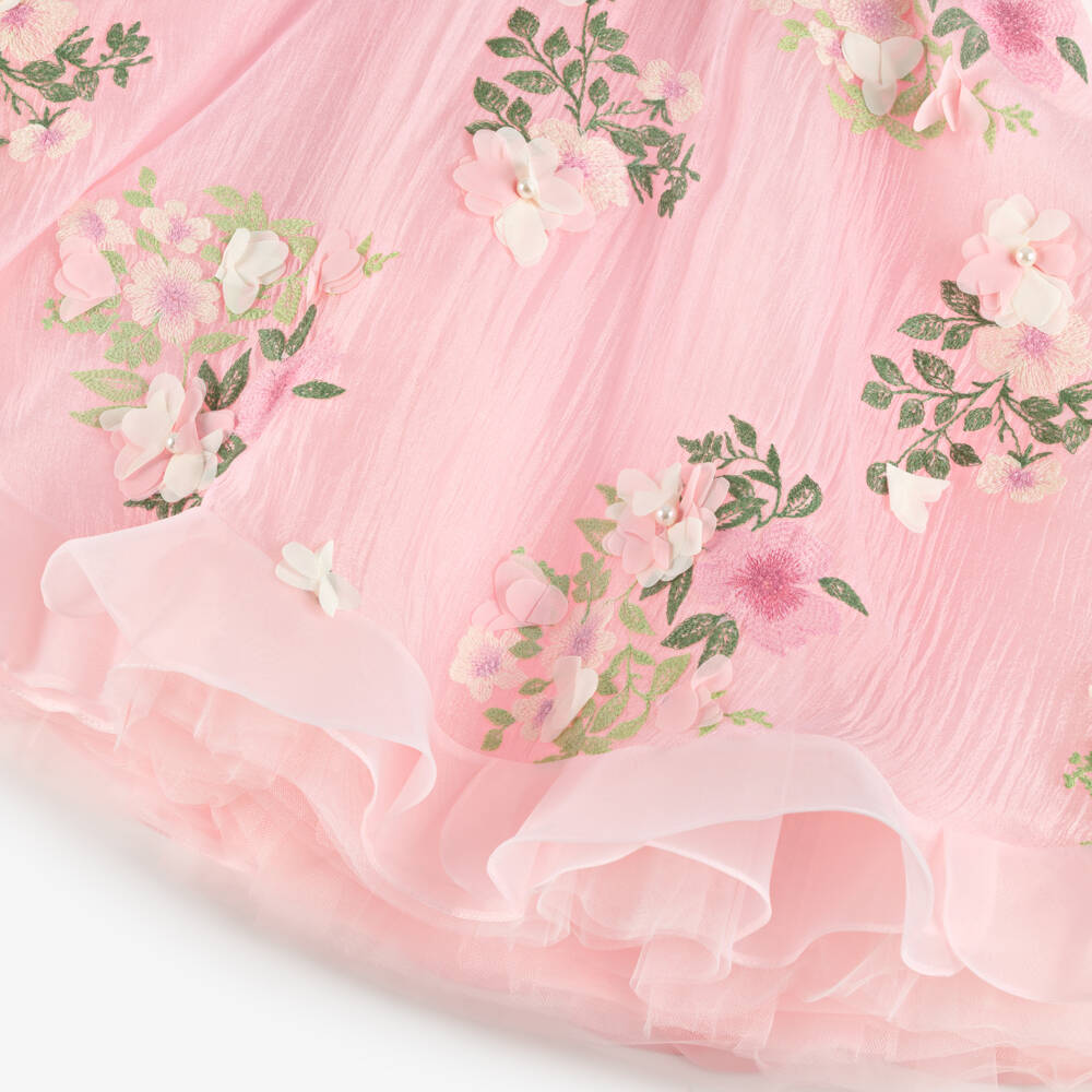 Junona-Girls Pink Embroidered Floral Crêpe & Organza Dress | Childrensalon Outlet