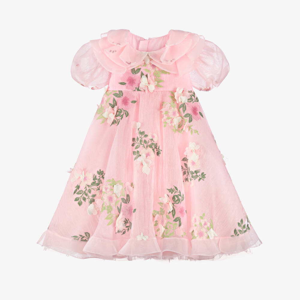 Junona-Girls Pink Embroidered Floral Crêpe & Organza Dress | Childrensalon Outlet