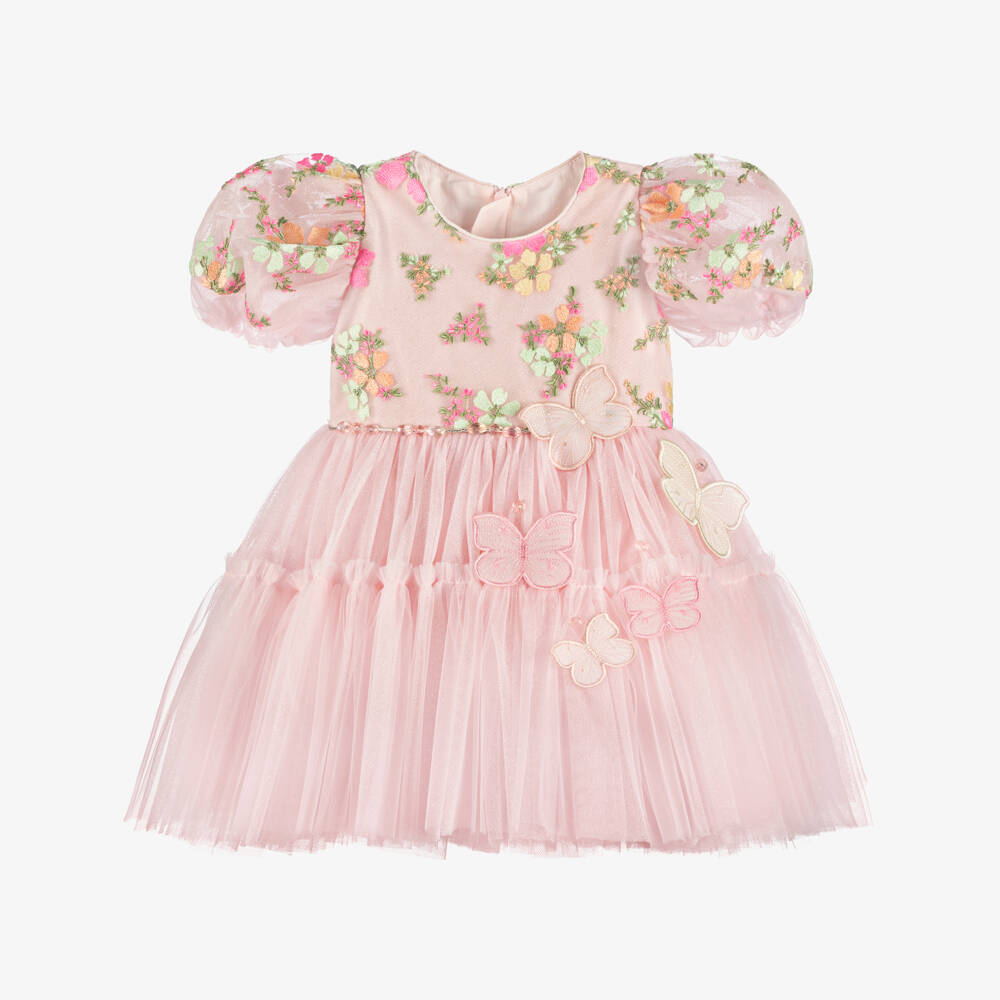 Junona-Girls Pink Embroidered Floral Tulle Dress | Childrensalon Outlet