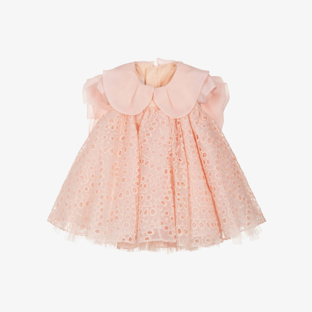 Junona-Girls Pink Embroidered Organza Bow Dress | Childrensalon Outlet