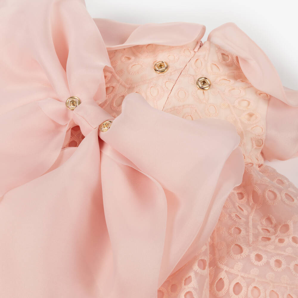 Junona-Girls Pink Embroidered Organza Bow Dress | Childrensalon Outlet