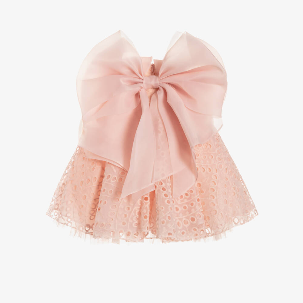 Junona-Girls Pink Embroidered Organza Bow Dress | Childrensalon Outlet