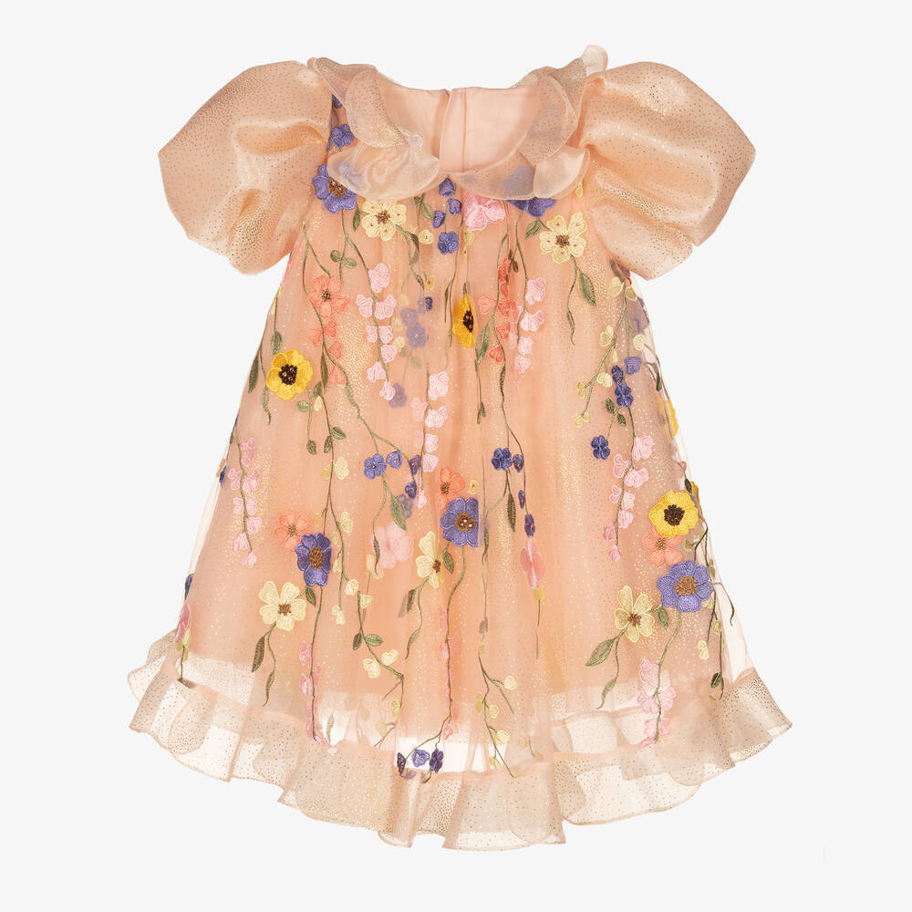 Junona - Robe rose brodée en organza fille | Childrensalon