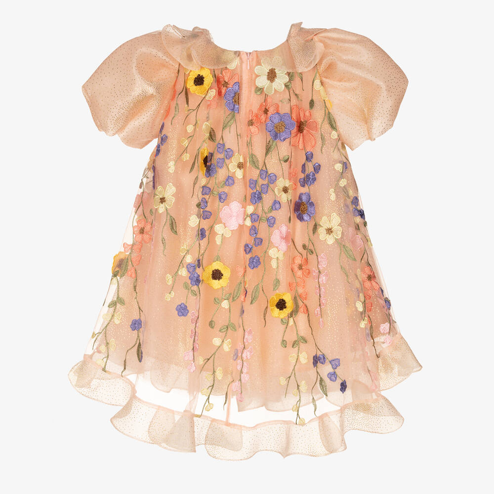 Junona-فستان أورغانزا مطرز لون زهري مرجاني | Childrensalon Outlet