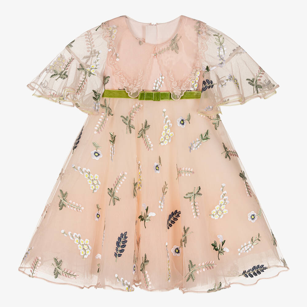 Junona - Girls Pink Embroidered Tulle Dress | Childrensalon