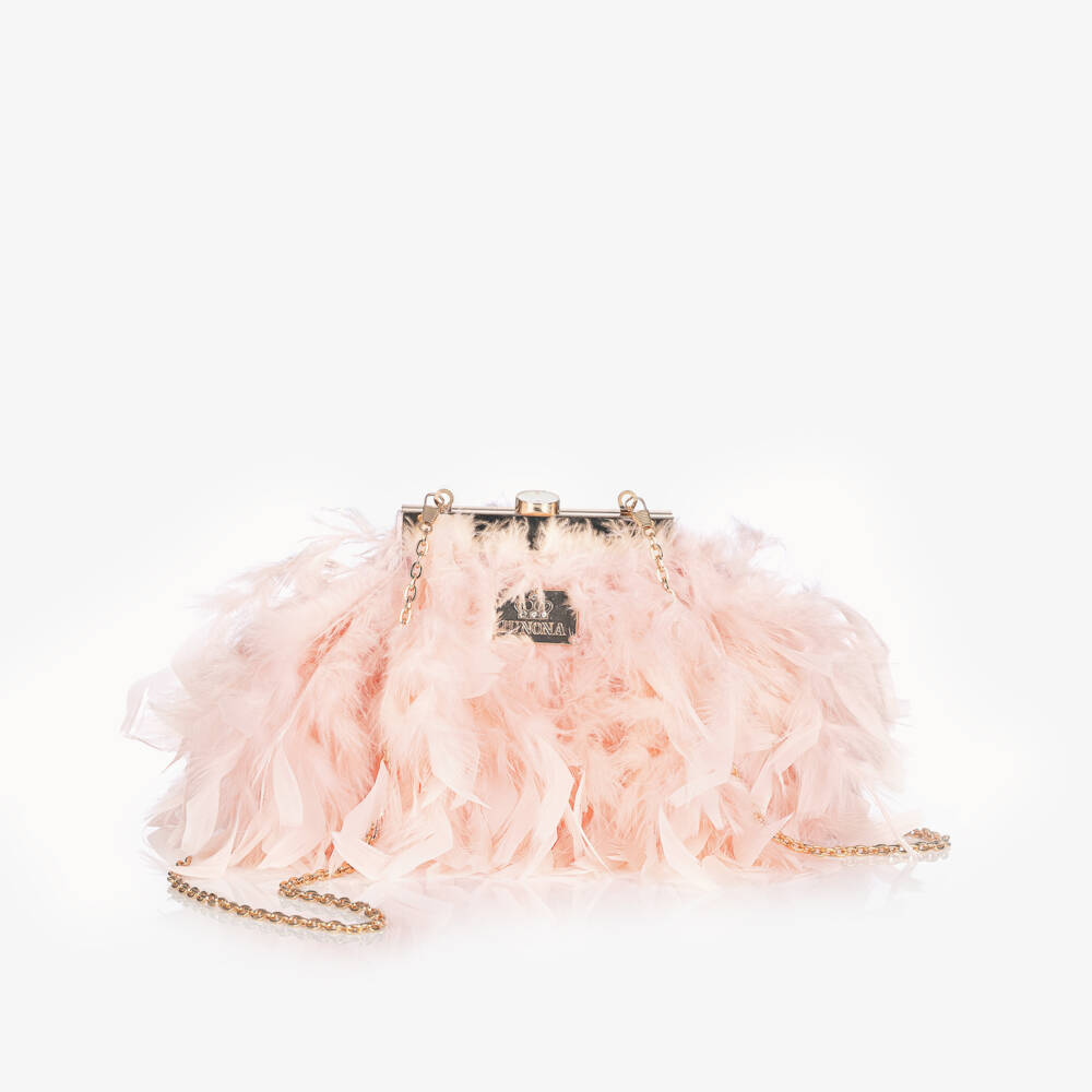 Junona-Girls Pink Feather Handbag with Faux Pearl Handle (20cm) | Childrensalon Outlet