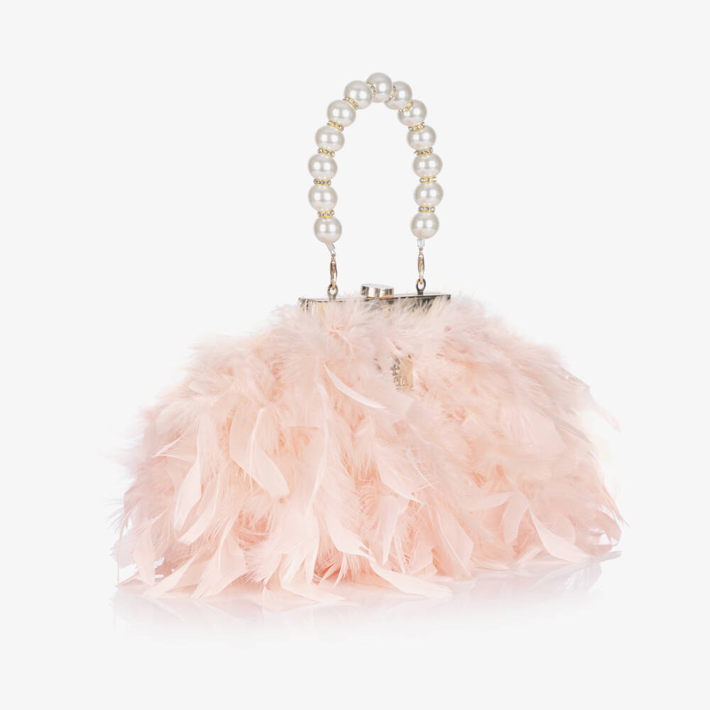 Junona-Girls Pink Feather Handbag with Faux Pearl Handle (20cm) | Childrensalon Outlet