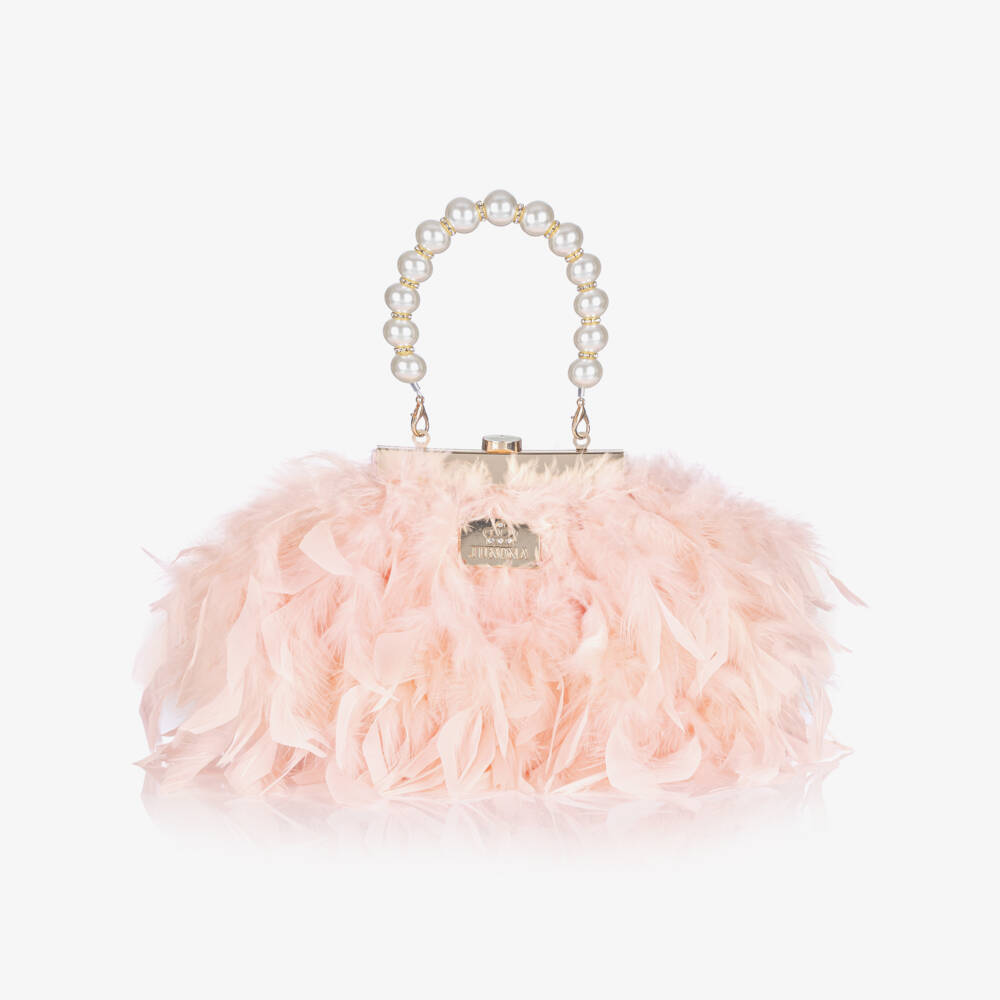 Junona-Girls Pink Feather Handbag with Faux Pearl Handle (20cm) | Childrensalon Outlet