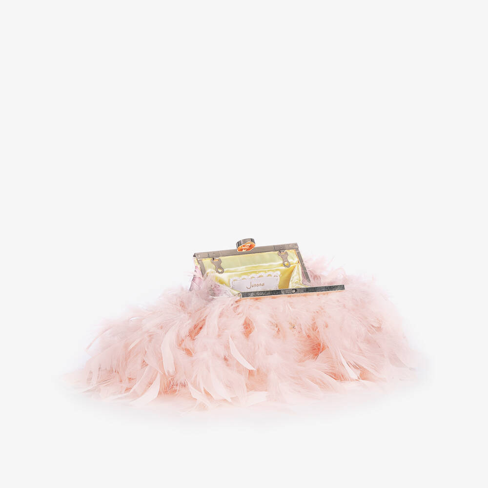 Junona-Girls Pink Feather Handbag with Faux Pearl Handle (20cm) | Childrensalon Outlet