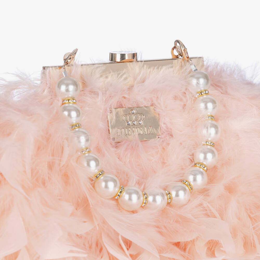 Junona-Girls Pink Feather Handbag with Faux Pearl Handle (20cm) | Childrensalon Outlet