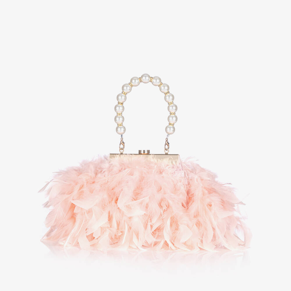 Junona-Girls Pink Feather Handbag with Faux Pearl Handle (20cm) | Childrensalon Outlet