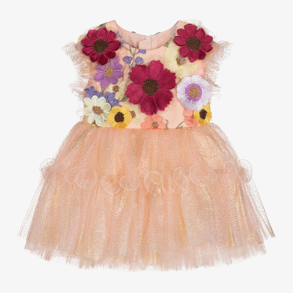 Junona - Girls Pink Floral Embroidered Tulle Dress | Childrensalon