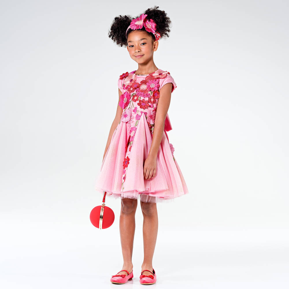 Junona - Girls Pink Floral Tulle Dress | Childrensalon Outlet