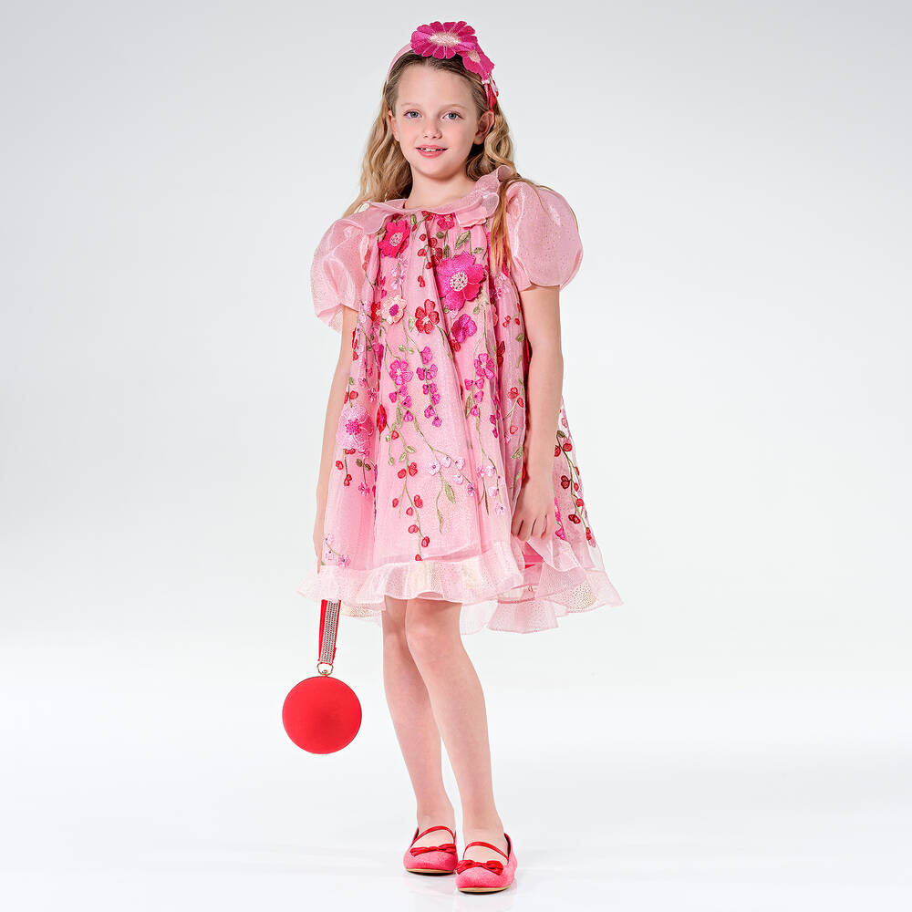 Junona-Girls Pink Floral Tulle Dress | Childrensalon Outlet