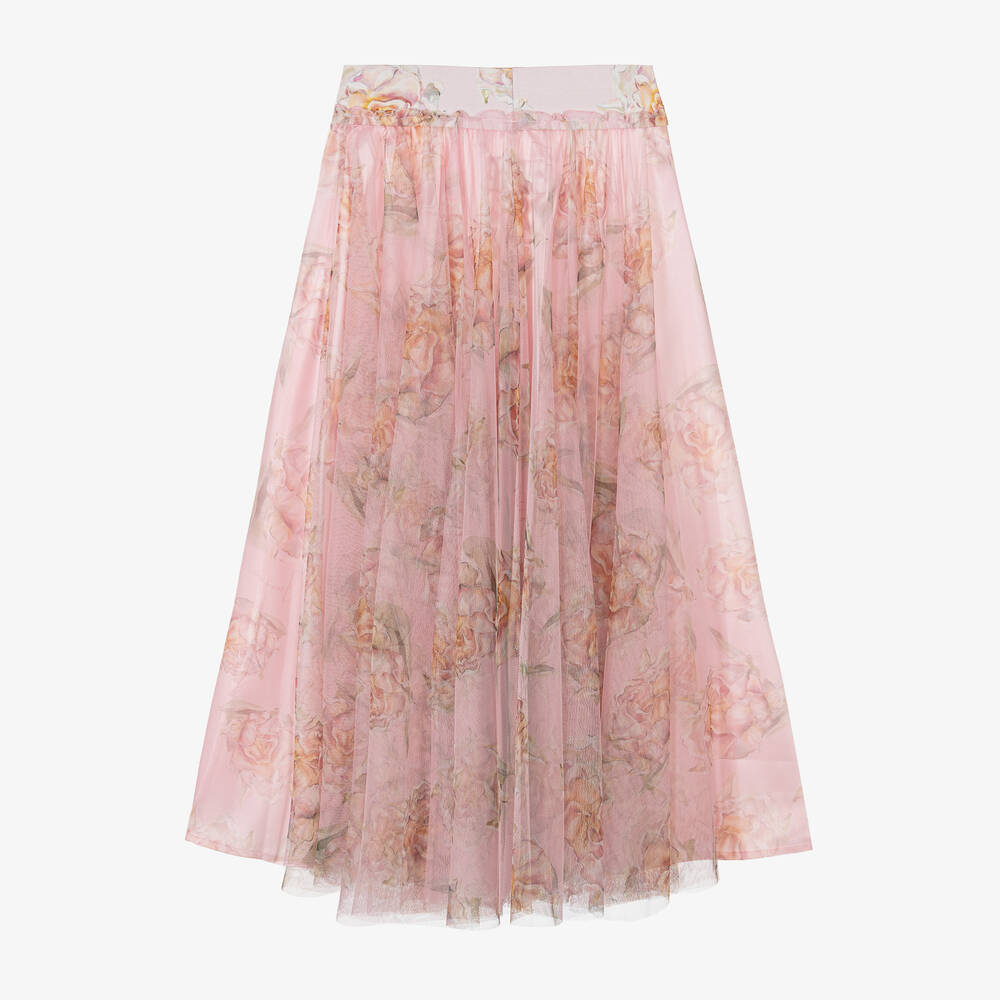 Junona Girls Pink Floral Tulle Maxi Skirt