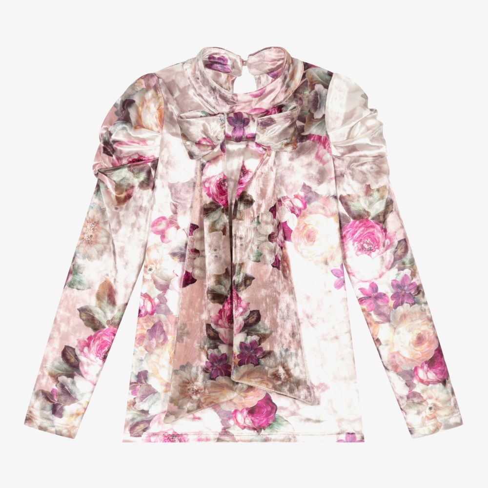 Junona - Girls Pink Floral Velour Top | Childrensalon