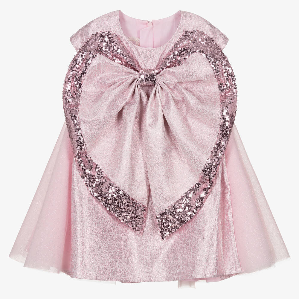 Junona - Girls Pink Glitter Sequined Bow Dress | Childrensalon