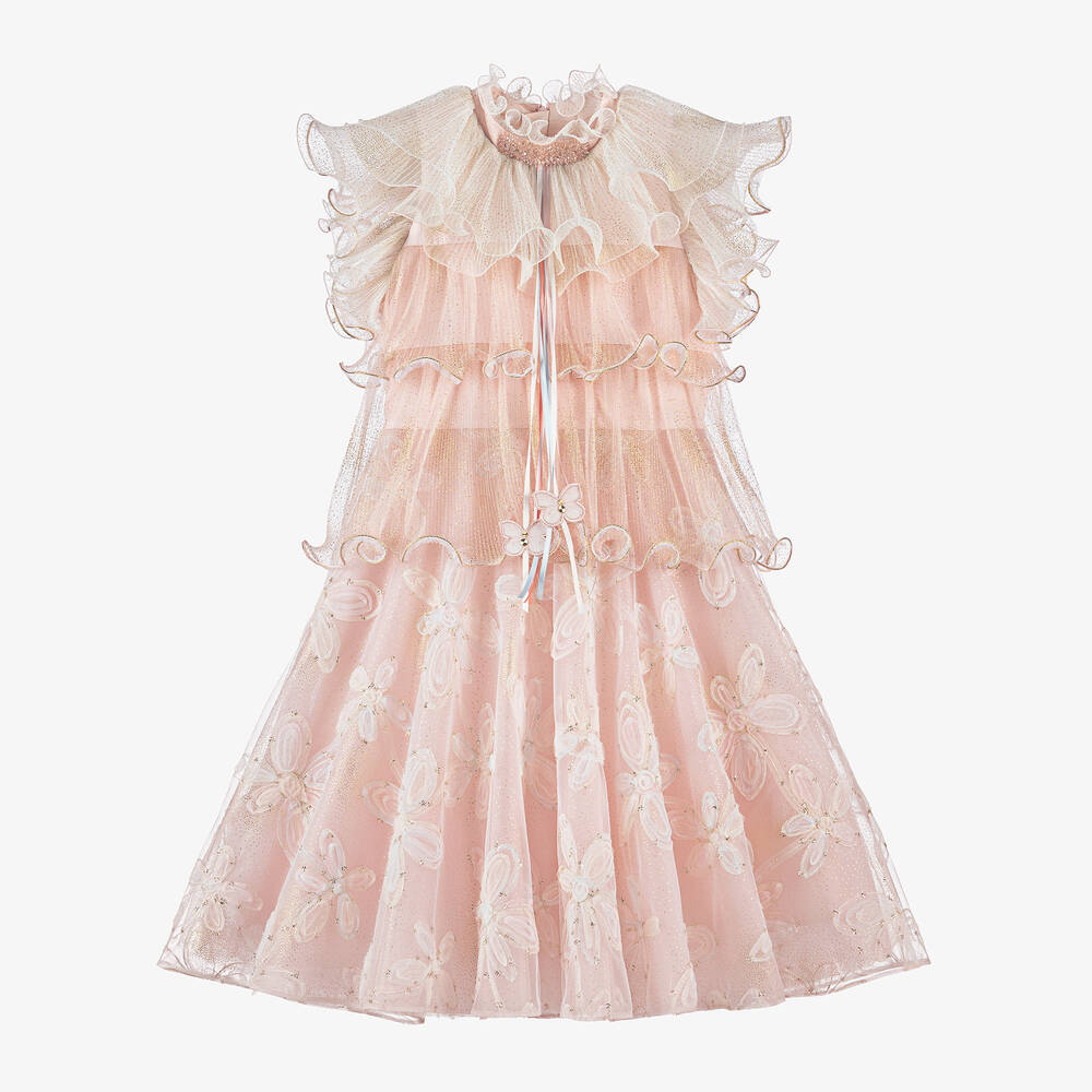 Junona-Girls Pink Glittery Floral Tulle Dress | Childrensalon Outlet