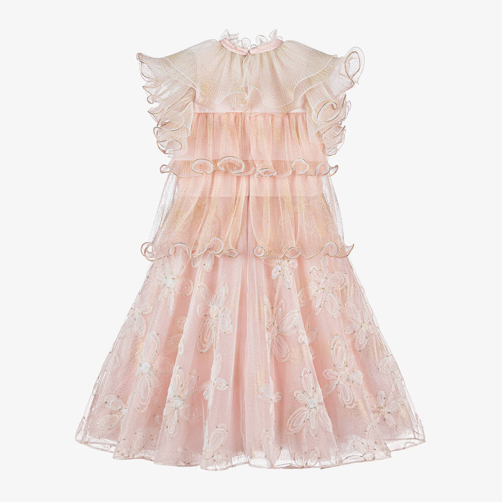 Junona-فستان تول لون زهري غليتر بطبعة ورود | Childrensalon Outlet