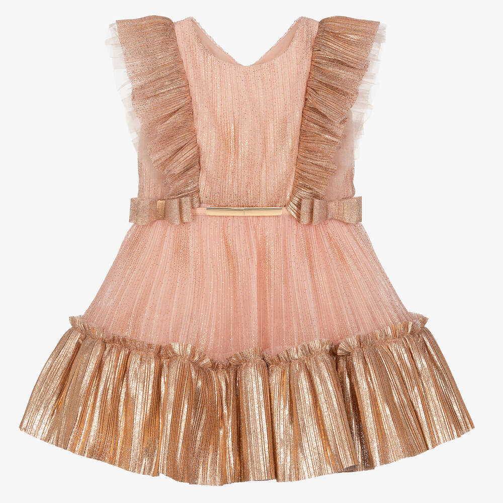 Junona - Girls Pink & Gold Pleated Tulle Dress | Childrensalon
