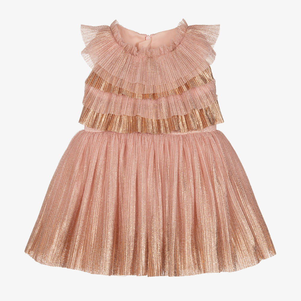 Junona - Girls Pink & Gold Plissé Dress  | Childrensalon