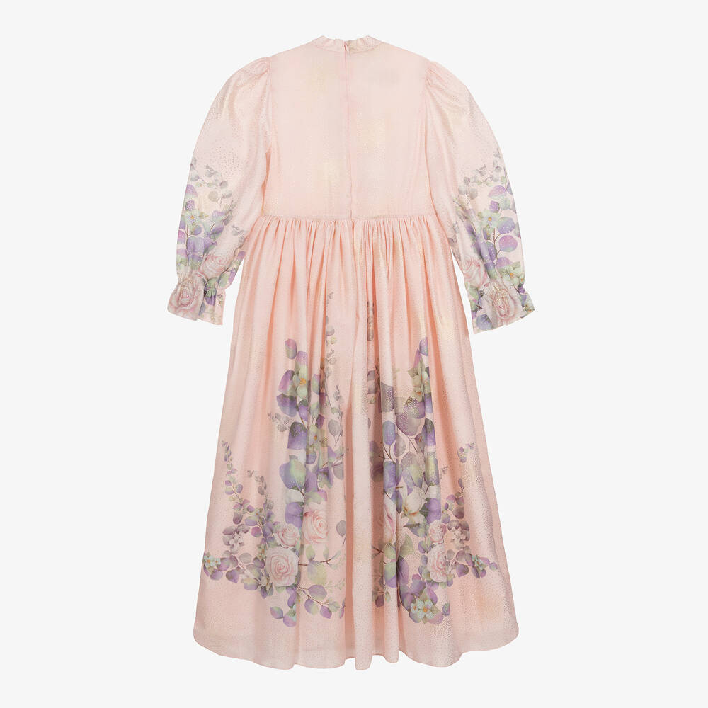 Junona-Girls Pink & Gold Satin Floral Dress | Childrensalon Outlet