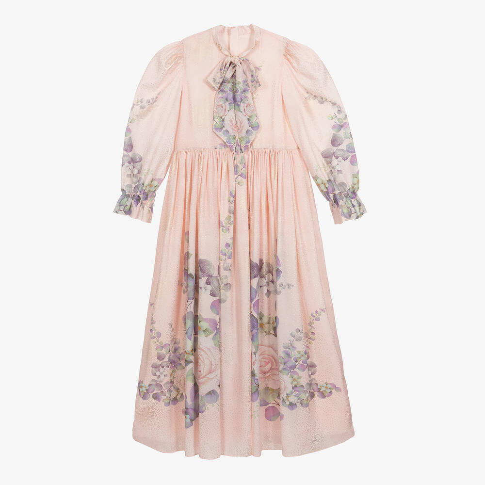 Junona - Robe satin rose et doré à fleurs | Childrensalon