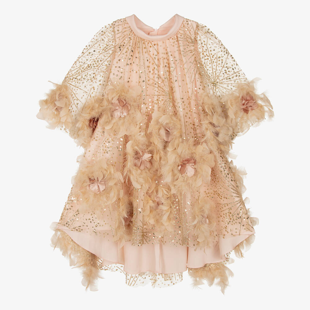 Junona - Girls Pink & Gold Sparkle Feather Dress | Childrensalon