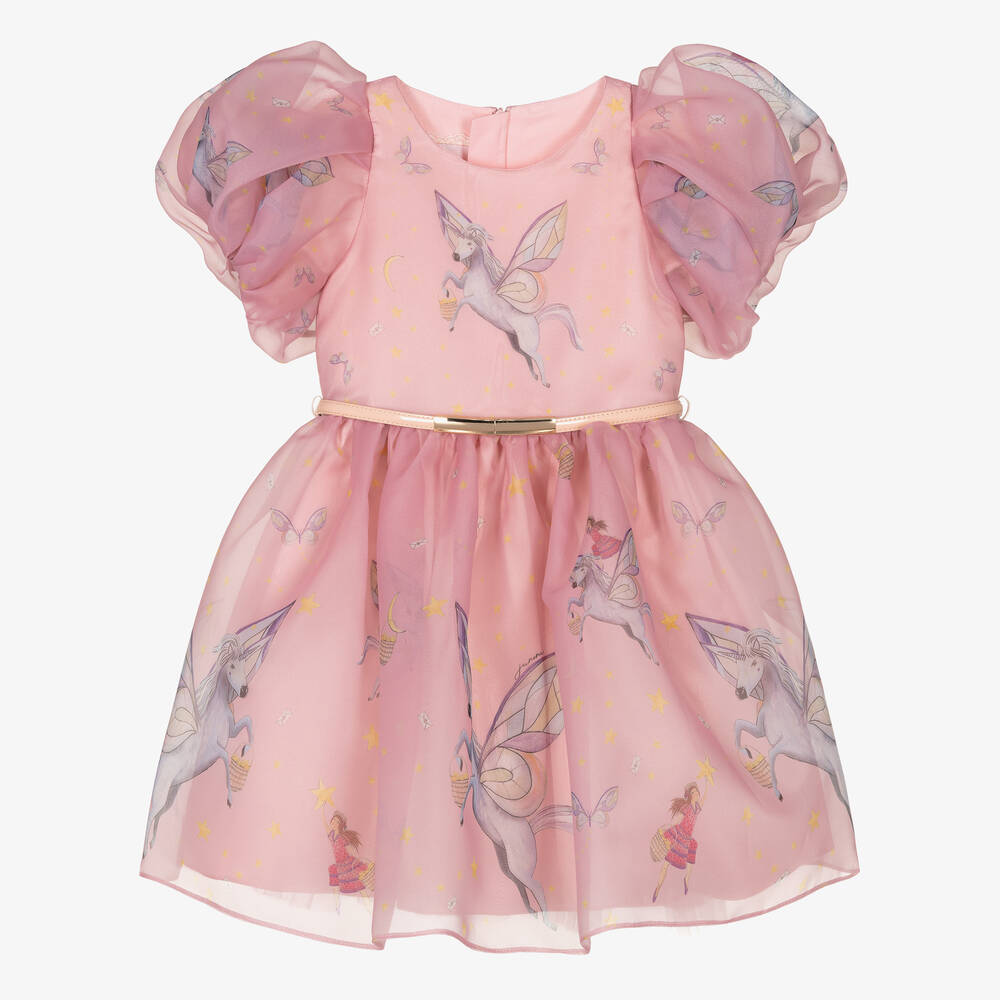 Junona - Robe rose en organza à licornes | Childrensalon