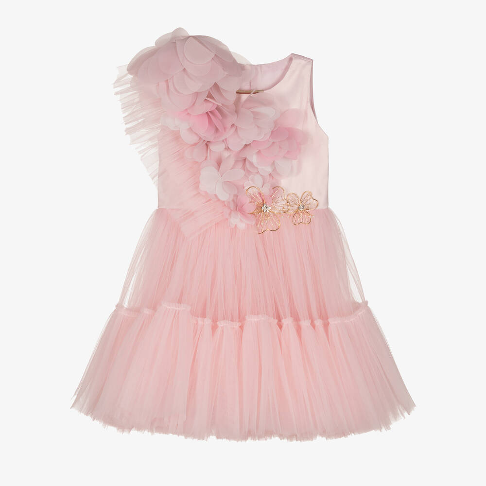 Junona - Girls Pink Petal Tulle Dress | Childrensalon