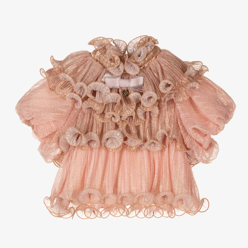 Junona - Girls Pink Plissé Tulle Ruffle Blouse | Childrensalon