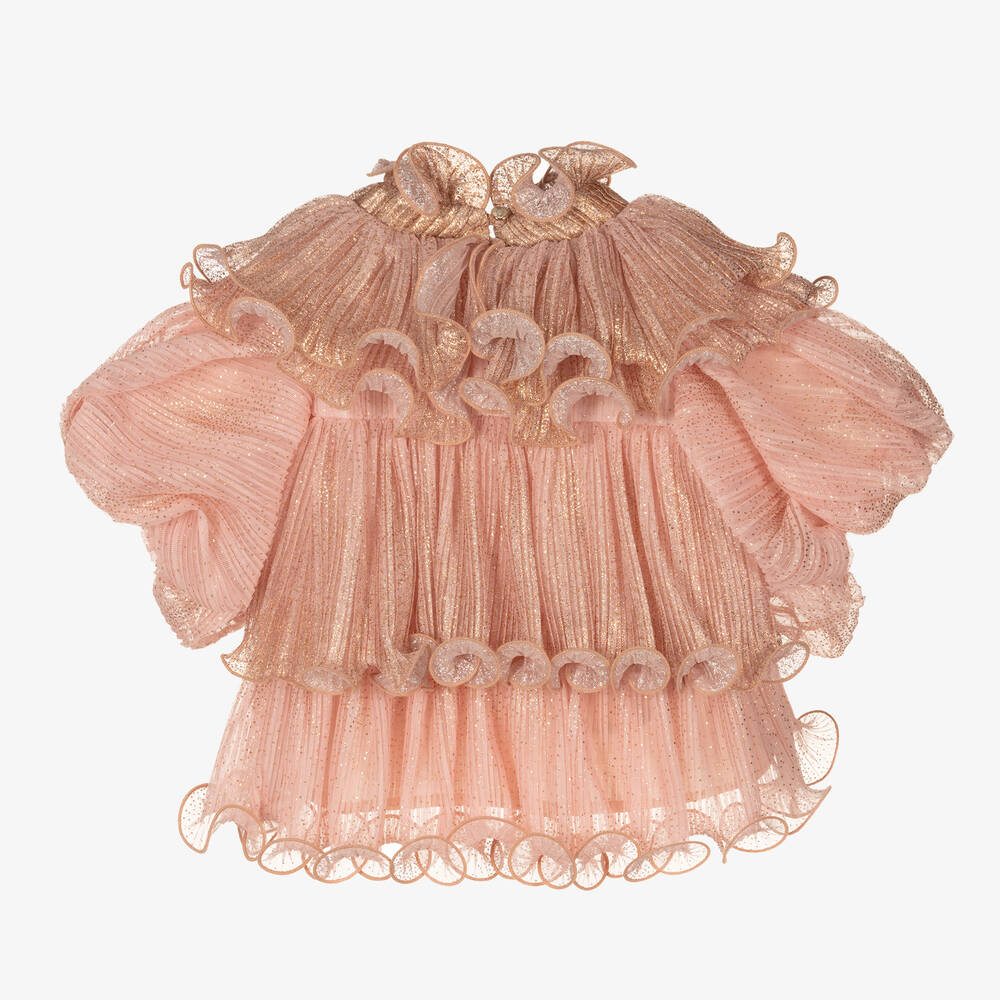 Junona-بلوز تول بليسيه مزين بكشكش لون زهري للبنات | Childrensalon Outlet