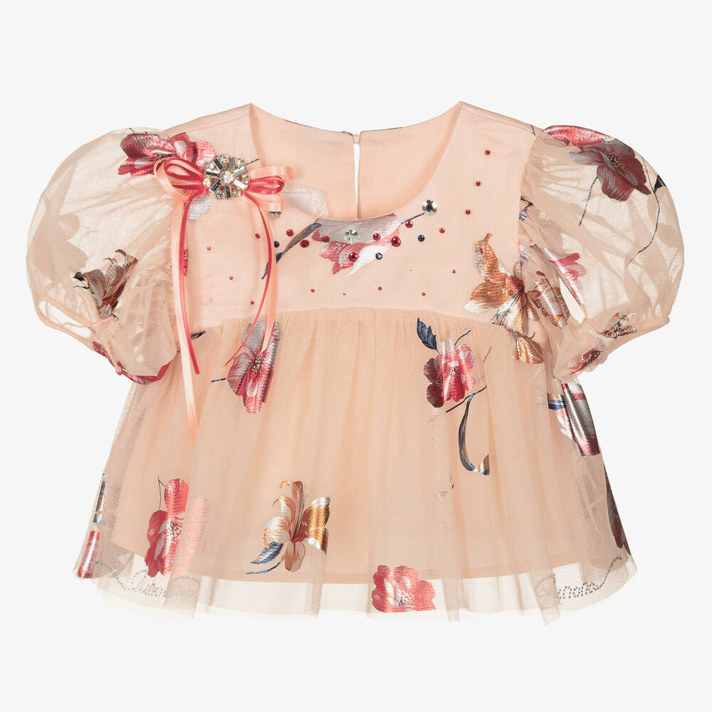 Junona - Розовая блузка из тюля с красными цветами | Childrensalon